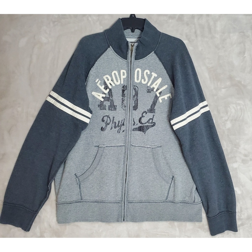 Vintage Aeropostale Track Jacket Mens XL Gray Fleece Full Zip 90s Y2K Spellout